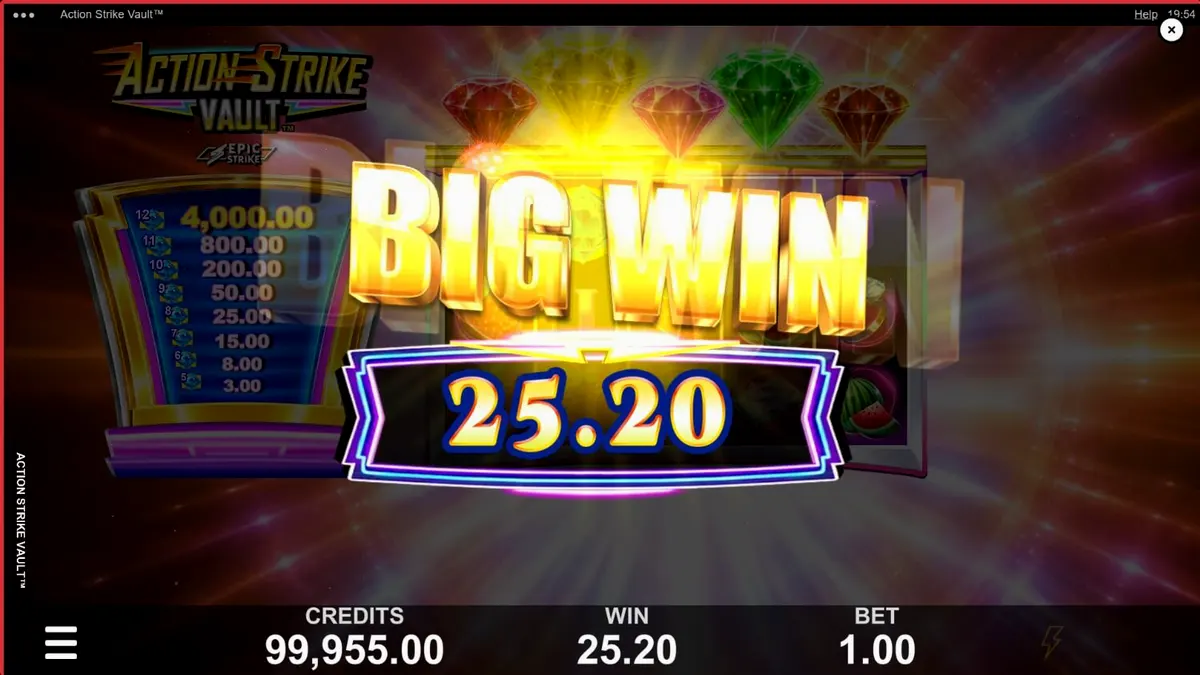 Interface de jogo do slot Action Strike Vault com elementos espaciais e neon